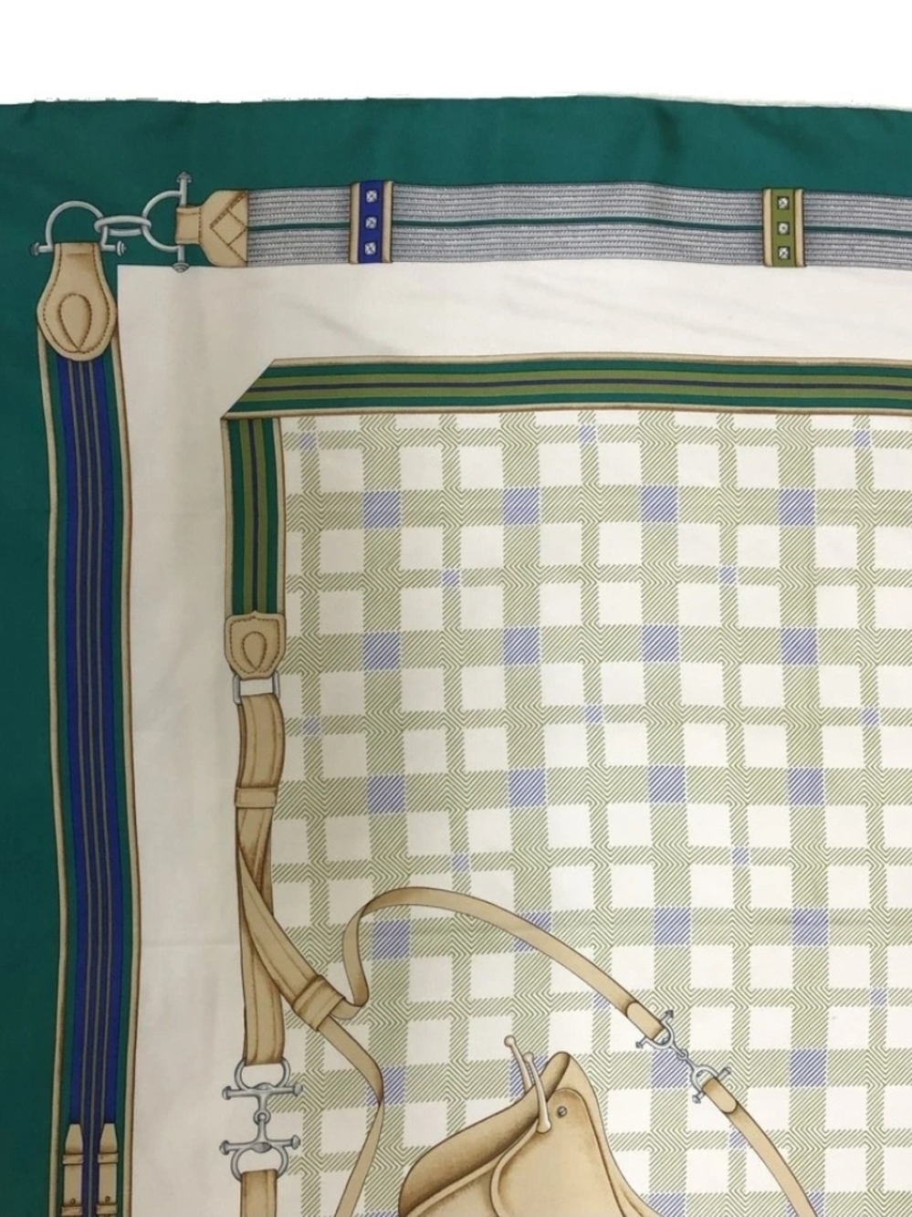 CELINE Paris Vtg Silk Scarf Equestrian Saddle Harness Motif Green Checkered 86cm - Picture 4 of 10